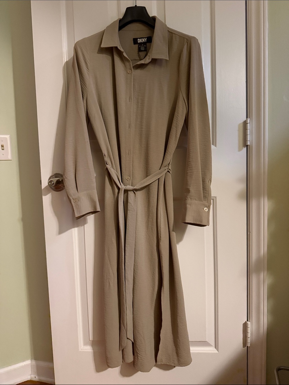 New DKNY Taupe Beige Trench Shirt Dress with Self-Tie Waist